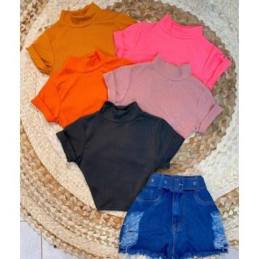 Imagem de Cropped feminino malha canelada gola alta manga curta básico - Moda fi