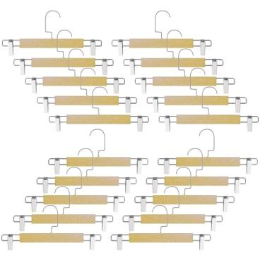 Imagem de Cabides de madeira para calças, pacote com 20, cabides de saia de madeira maciça com clipes antiderrapantes ajustáveis, gancho plano giratório de 360°, cabide durável para calças, calças, shorts