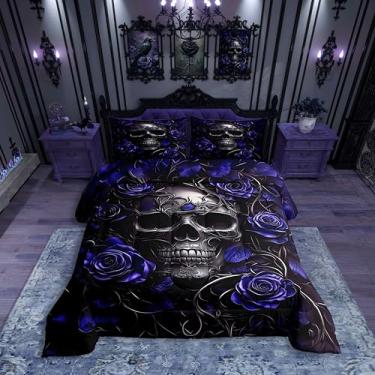Imagem de Erosebridal Conjunto de edredom solteiro com caveira de açúcar, azul marinho, rosa, floral, para crianças, meninos, meninas, adolescentes e adultos, edredom com estampa de esqueleto gótico, hippie