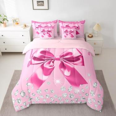 Imagem de Jogo de cama casal de 7 peças com laço de aquarela, conjunto de edredom fofo com laço e lençol, fronhas e fronhas em uma bolsa, microfibra macia, sonhadora, rosa, prata