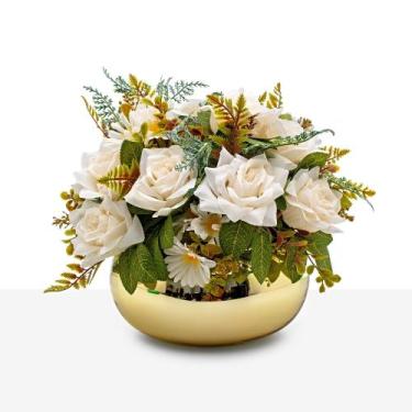 Imagem de Arranjo Rosas Artificial Decoração Vaso Vidro Espelhado Dourado Médio 