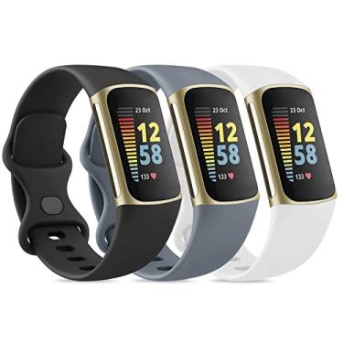 Imagem de AK Pacote com 3 pulseiras esportivas compatíveis com Fitbit Charge 5 e 6, pulseiras macias clássicas para Fitbit Charge 5/6 Fitness Tracker (grande, preto/azul cinza/branco)