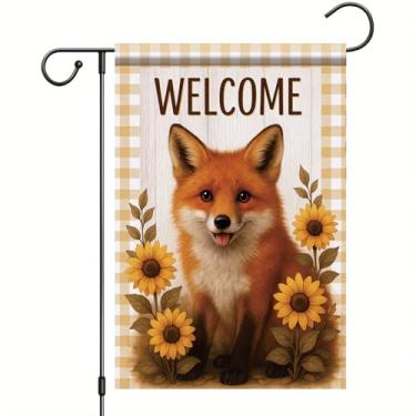 Imagem de Starlit Patio Bandeira de jardim de outono de ação de graças, bandeira de raposa, 30,5 x 45,7 cm, bandeira xadrez de girassol, folha xadrez, outono, decoração ao ar livre para varanda gramado caminho