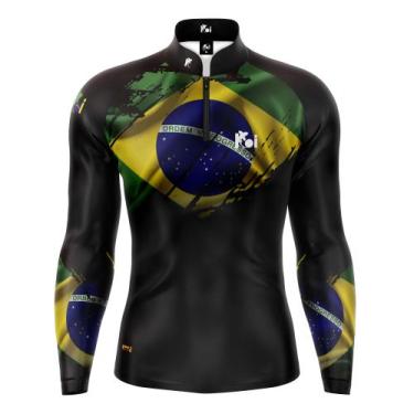 Imagem de Camiseta Camisa Blusa Bandeira Brasil Casual Black Com Zíper Proteção 