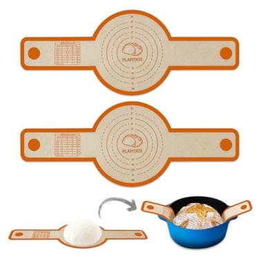 Imagem de PLAPITATE Alça de silicone para forno holandês, antiaderente, 2 peças, tapete de silicone reutilizável fácil de limpar com alças longas, fácil de transferir pão de fermento, laranja