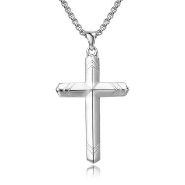 Imagem de Ropartman Colar masculino com cruz de prata esterlina 925, pingente de cruz cristã para homens, corrente de aço inoxidável durável e elegante de 61 cm, standard, Prata esterlina, Zircônia cúbica