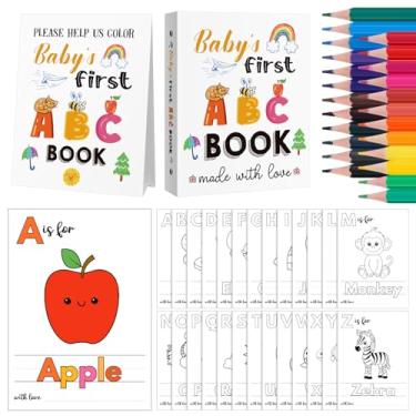 Imagem de Sinload Baby's First ABC Book Baby Shower Keepsake Game Activity, Livro de visitas para colorir do alfabeto, cartões de colorir do alfabeto A a Z com 24 lápis de cor, lembrança interativa para
