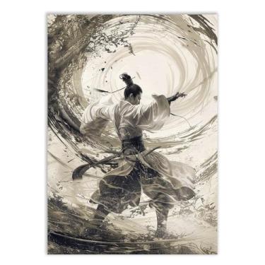 Imagem de Placa Decorativa Samurai Espada Água Ilustração Branco Decoração Poster Quarto Sala