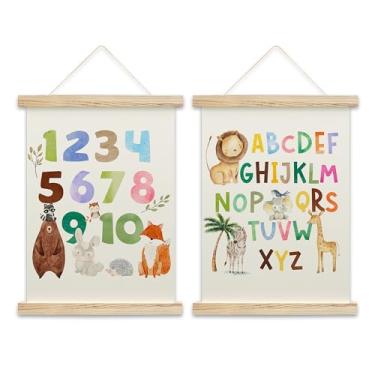 Imagem de OZTEMETY Moldura de cabide de pôster com números do alfabeto safari, tabela de números 1-10 para crianças, pôsteres de aprendizagem infantil, decoração de berçário na selva, decoração de sala de aula
