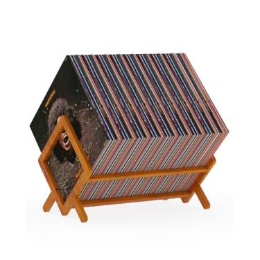 Imagem de Suporte de disco de vinil de bambu, porta-revistas, prateleira de mesa com divisória, comporta até 80-100 LPs, organizador de design clássico para arquivos, livros, cadernos, revistas, discos de vinil