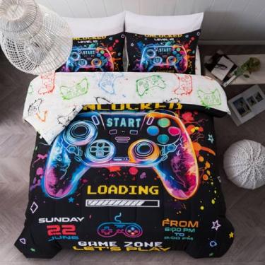 Imagem de Holawakaka Jogo de cama solteiro com console de jogos, 5 peças, para meninos, jogos, edredom com edredom para crianças, adolescentes e adolescentes, preto e amarelo solteiro