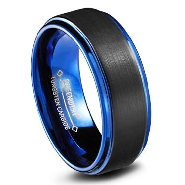 Imagem de QUEENWISH Alianças de casamento masculinas de tungstênio de 8 mm, escovado, azul fosco, preto, dois tons, ajuste confortável, tamanho 10,5