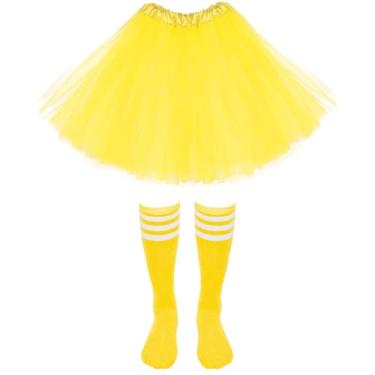 Imagem de Haakong Conjunto de 2 peças de fantasia de tutu amarelo dos anos 80 com meias tule, saia tutu em camadas para cosplay de Halloween (amarelo)