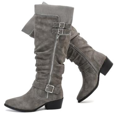 Imagem de Luoika Botas femininas extra largas na altura do joelho, larga, plus size, cano alto, salto baixo empilhado, botas de inverno e outono., Cinza 1013, 7.5 X-Wide