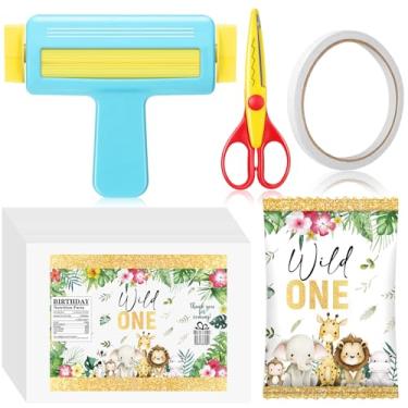 Imagem de Gilprop Crimpador de papel, tesouras de rosca, 30 folhas Wild One papel fino brilhante para jato de tinta, fita dupla face para artesanato, selva selvagem, suprimentos de festa de aniversário para