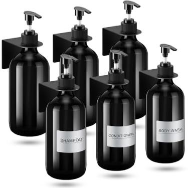 Imagem de Remerry Pacote com 6 dispensadores de xampu e condicionador, suporte de parede, 500 ml, dispensador de xampu e condicionador sem broca, com bomba fosca e etiquetas à prova d'água, garrafas de sabão de