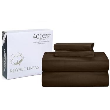 Imagem de ROYALE LINENS Jogo de lençol 400 fios 100% algodão cultivado americano 4 peças de cetim King - 1 elástico, 1 lençol de cima, 2 fronhas - conjunto de lençóis de chocolate - lençóis de algodão