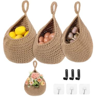 Imagem de Cestas de frutas para cozinha Boho para pendurar na parede, pacote com 3, suporte de tecido com 6 peças de ganchos fortes, cesta para pendurar vegetais para organizar gota, parede doméstica