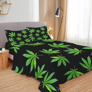 Imagem de Jogo de lençol solteiro com folhas de maconha – 3 peças de roupa de cama de folhas exóticas, extra macio, refrescante, tecido resistente a manchas e desbotamento