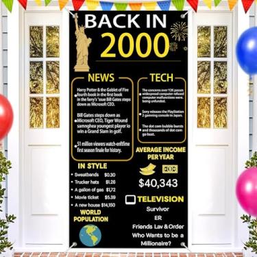 Imagem de BlissYard Back In 2000 Happy 25th Birthday Door Banner 35x71 polegadas Marco Decoração de porta de aniversário com cultura pop Curiosidades para interiores e exteriores Retro Party Birthday Cover