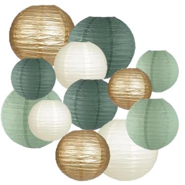 Imagem de CC wonderland zone 12 peças de lanternas de papel de ouro verde sálvia, lanternas de papel penduradas para chá de floresta encantado nupcial rústico neutro boho aniversário casamento decoração de casa