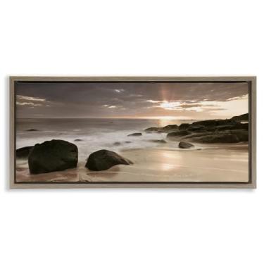 Imagem de Stupell Industries Design de arte de parede em tela flutuante marrom do pôr do sol na praia da meia-noite por Assaf Frank, 35,5 x 78,5 cm