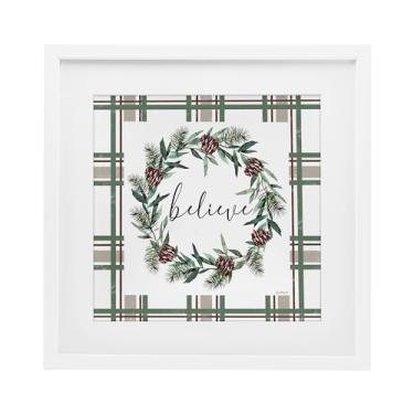 Imagem de Stupell Industries Believe Wreath on Green Plaid White Framed Print Under Glass Design por Elizabeth Tyndall, 33 x 33