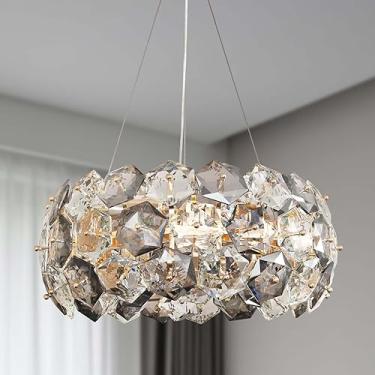 Imagem de GDLUOAO Lustre de cristal, luzes pendentes redondas modernas douradas de 50 cm, cristais hexagonais envolvendo luminária de teto de metal cromado, lustres para sala de jantar, quarto, sala de estar
