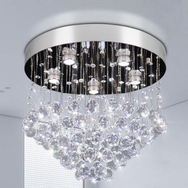 Imagem de Finktonglan Lustres de cristal modernos 49.8 cm luminária de teto redonda aço inoxidável montagem embutida lustre luzes de teto para quarto, hall de entrada, corredor, sala de jantar, lâmpada GU 10