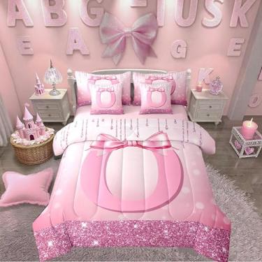 Imagem de Erosebridal Conjunto de edredom Queen com laço rosa Coquette com inicial O em uma bolsa com lençol de cima e lençol com elástico, 7 peças, exclusivo com estampa de gravata borboleta de diamante