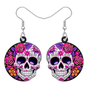 Imagem de DALANE Novidade presentes de Halloween brincos pendentes de caveira de açúcar para mulheres, design gótico mexicano assustador, floral de acrílico, fantasia gótica de Halloween, Medium, Acrílico Aço