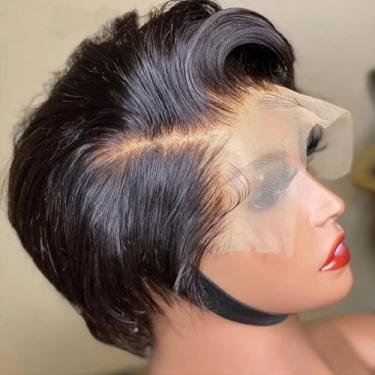Imagem de JOEDIR HAIR Peruca de renda curta com corte Pixie - Cabelo humano para mulheres negras, 13x4 Lace Front, 150% Densidade (Preto, #1B)