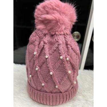 Imagem de Touca de Inverno com Pelúcia Feminina com Pompom e Perolas Touca Quent
