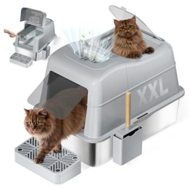 Imagem de Caixa de areia para gatos de aço inoxidável com tampa flip-top de 110°, caixa de areia grande de metal fechada XXL para gatos grandes com colher e pedal, entrada frontal superior saída