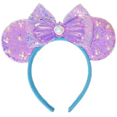 Imagem de ZHENNAN Bandanas de orelhas de rato para mulheres, faixas de cabelo com laço roxo com glitter com concha para adultos, eventos temáticos de princesa, lembrancinhas de festa de aniversário, acessórios