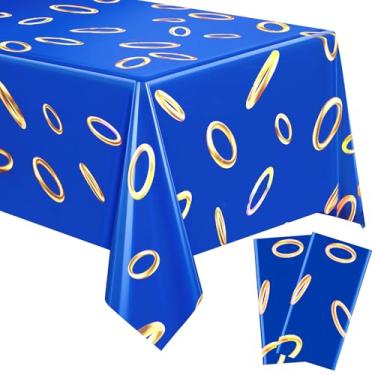 Imagem de Oudain 2 peças de toalha de mesa azul com anel de ouro 277 x 137 cm azul com tema de ouriço de desenho animado azul capa de mesa de plástico videogame descartável tema de aniversário decoração de