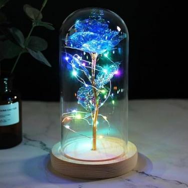 Imagem de Rosa encantada A Bela e a Fera em cúpula de vidro com base de madeira, luz LED de 6 cores, presente de Dia dos Namorados
