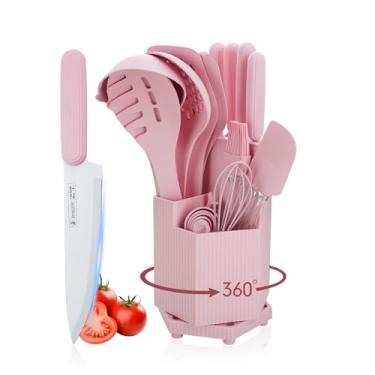 Imagem de Conjunto de 22 facas e utensílios de cozinha com suporte giratório, conjunto de utensílios de nylon para cozinhar, conjunto de facas afiadas de aço inoxidável para corte, conjunto de blocos de facas