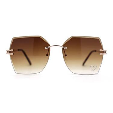 Imagem de SA106 Óculos de sol femininos chiques de borboleta sem aro com lentes de coração com strass, dourado/marrom, 5 15/16" (151mm) x 2 3/16" (56mm)