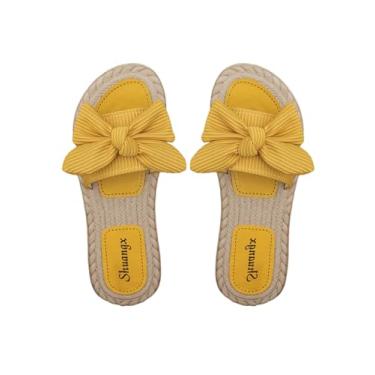 Imagem de GORGLITTER Sandália rasteira feminina com nó de laço, bico aberto, sem cadarço, sem cadarço, Amarelo, 39