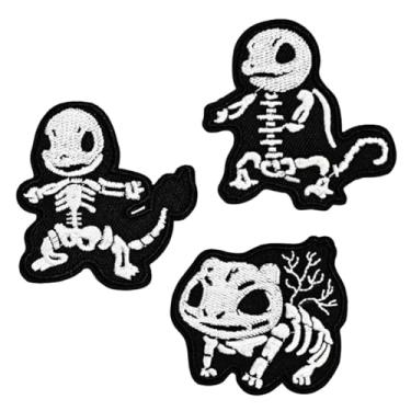 Imagem de 3 peças fofas engraçadas caveira dinossauro bordado ferro no remendo, adesivos bordados, emblemas, aplique faça você mesmo, acessórios de reparo para roupas, jaqueta, jeans, vestido, mochilas, chapéus