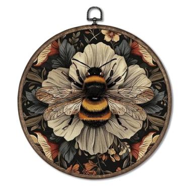 Imagem de Giosve Pôster emoldurado em tela vintage Moody Bee floral redondo para parede, Dark Academia Cottagecore Bumble Bee botânica, flor, para decoração de casa, quarto, sala de estar, 25 x 25 cm