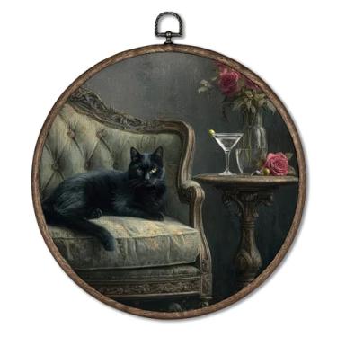 Imagem de Giosve Dark Academia Black Cat Round Wall Art Canvas Poster emoldurado, gótico bruxo temperamental gato preto coquetel martini pendurado esculturas de parede para casa, quarto, sala de estar, galeria