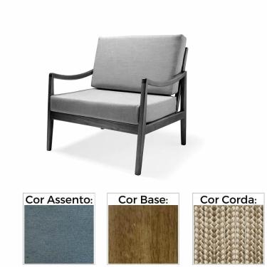 Imagem de Poltrona com braço Évora Linho Azul Madeira Cedro Corda Náutica Redonda Poliéster Rami