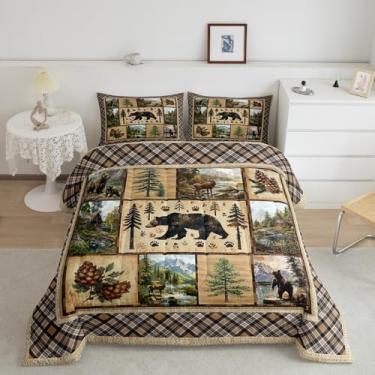 Imagem de Feelyou Conjunto de cama solteiro com urso, rústico, urso, edredom para meninos, meninas, adolescentes, veados, animais de fazenda, amarelo, verde, marrom, decoração de quarto