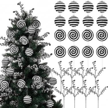 Imagem de Syhood 24 peças de enfeites de Natal, bolas fofas de Natal, bengala doce de lã, cacheados, galhos para pendurar no Natal, guirlanda, guirlanda, vaso de mesa, decoração de cornija (preto branco)