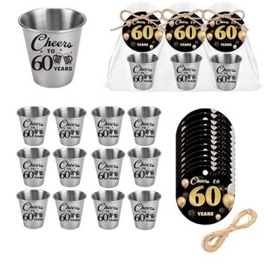 Imagem de MyGiftHub Lembranças de festa de aniversário de 60 anos para convidados - 12 copos de shot de aço inoxidável (60 g), sacos de organza, cartões redondos e barbante - Cheers to 60 Years Celebration