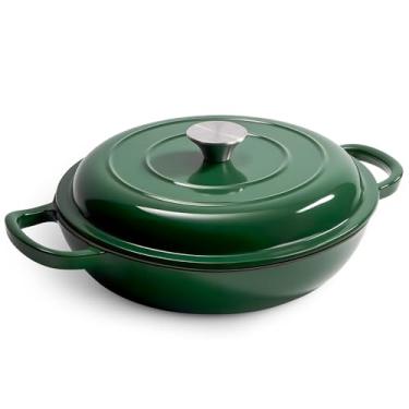 Imagem de Grelha de ferro fundido esmaltado de 3 litros, frigideira de ferro fundido esmaltado antiaderente com tampa, frigideira holandesa com tampa de até 260 °C para forno, fogão, churrasqueira, forno