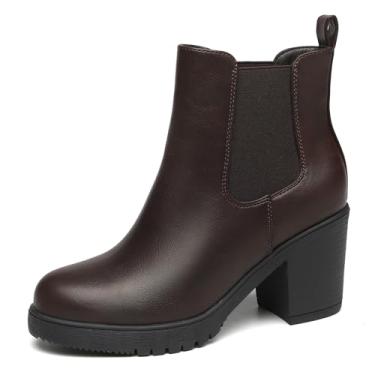 Imagem de TYNDALL Botas femininas de cano curto, plataforma e Chelsea, botas de outono com salto baixo, botas elegantes e botas de salto grosso para mulheres, Marrom escuro/poliuretano, 40