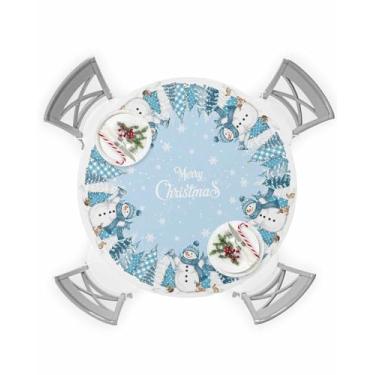Imagem de Toalha de mesa redonda de boneco de neve de Natal azul com borda elástica xadrez árvore de Natal floco de neve de inverno azul celeste à prova de óleo capa de mesa à prova de óleo para festa